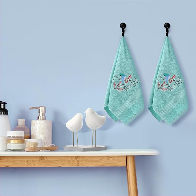 2 Pcs Bird Hand Towels Mint Green Bathroom Decor 14x29 Inch Embroidered 100%