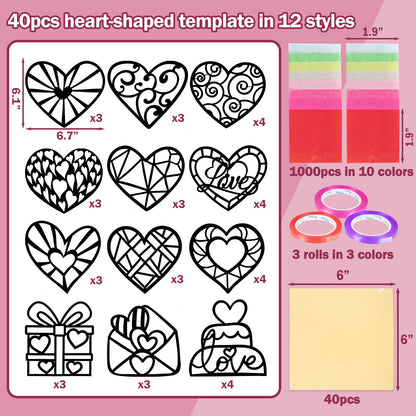 Renbuzhu 40PCS Valentines Day Crafts: Paper Heart Suncatchers, Christmas Valentine's Classroom DIY Kits, Window Stained Glass Effect Art Supplies