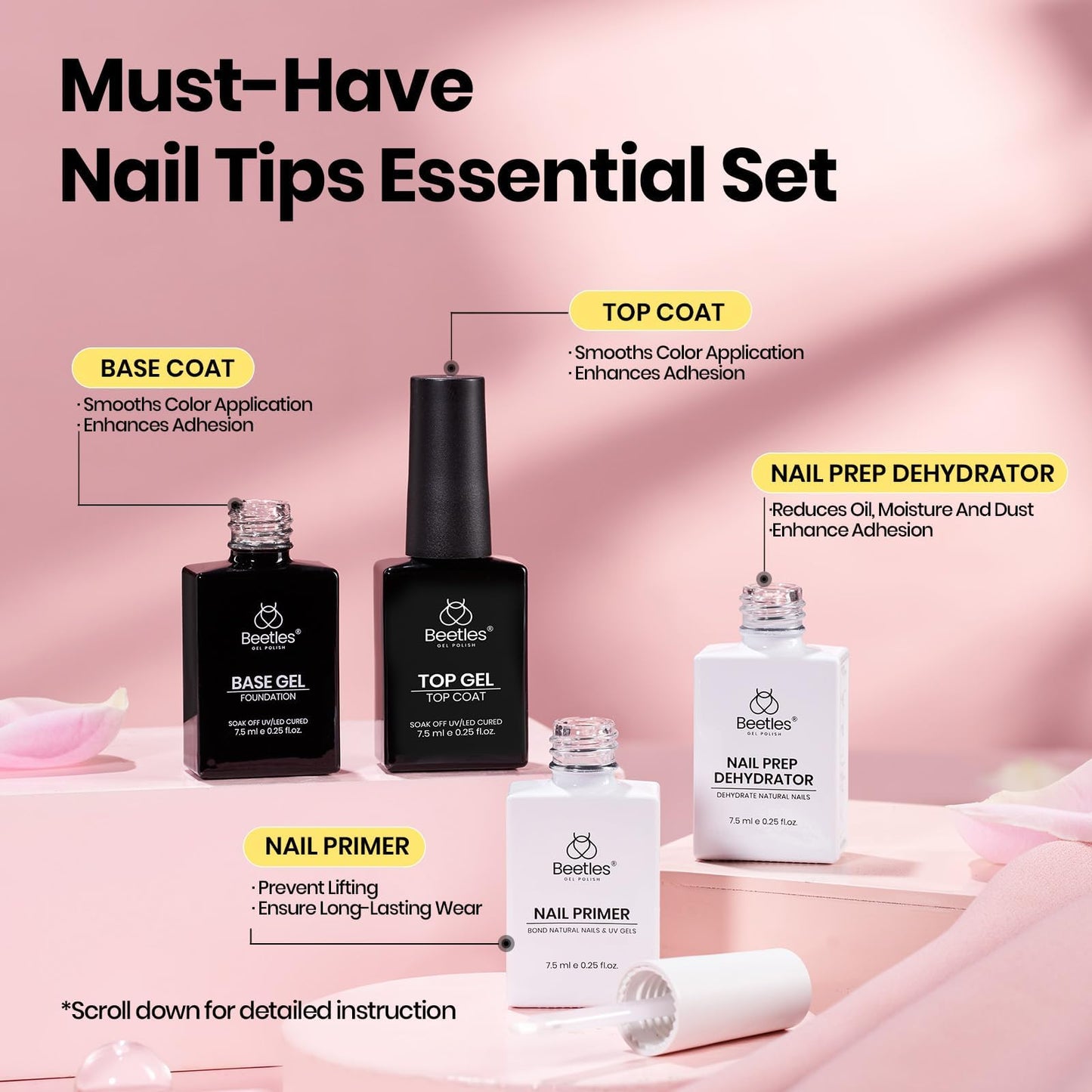 Beetles Tipex Instant Apex Nail Tips Kit, Coffin Long 224Pcs 16 Sizes Pre-Building & Pre-Etched Thicker Acrylic Nails False Nail Extension with Tipex Nail Glue Mini Nail Lamp