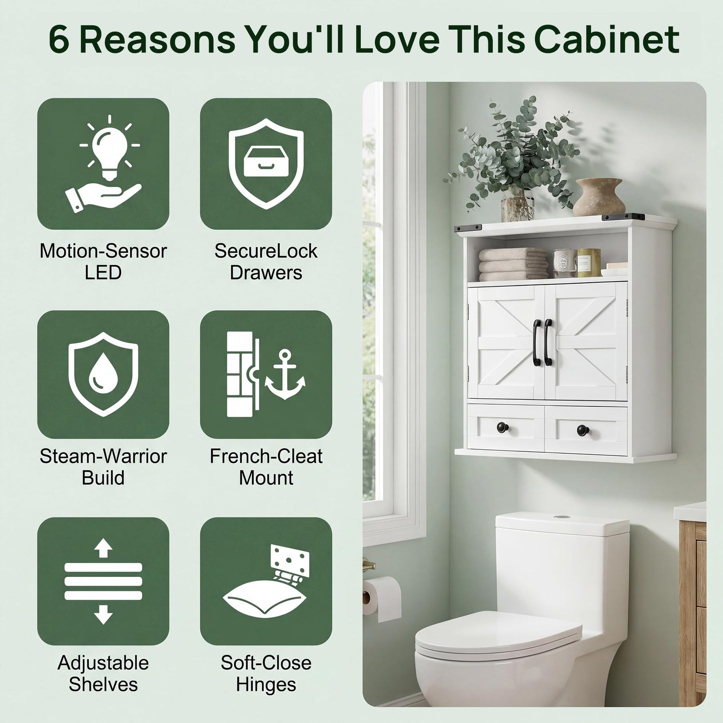 OONNEE Bathroom Wall Cabinet, 23" x 25" Farmhouse Over The Toilet Storage with Motion LED Light & Safety Drawers, Wooden Medicine Cabinet, Water-Resistant White Organizer (9" Depth)