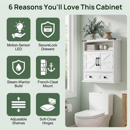 OONNEE Bathroom Wall Cabinet, 23" x 25" Farmhouse Over The Toilet Storage with Motion LED Light & Safety Drawers, Wooden Medicine Cabinet, Water-Resistant White Organizer (9" Depth)