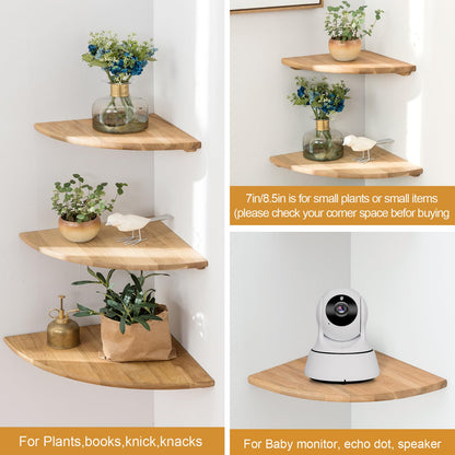 Conamily Corner Shelf, 7inch Solid Oak Wood Floating Corner Shelf Wall Mount Round End Floating Speaker Shelves with Wire Hole for Small Plant Photo Frame for Bedroom Kitchen, Living Room