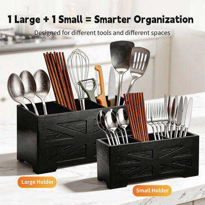 PEKER Wooden Utensil Holder, Black Kitchen Countertop Organizer with Removable Divider, 3 Compartments Pine Wood Utensil Crock with Drainage Hole & Non-Slip Base, 2 Pack