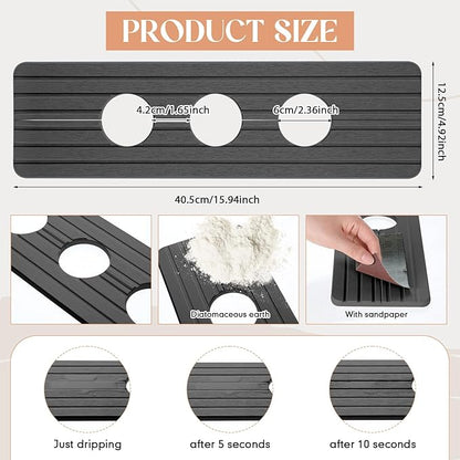 3 Hole Gray Faucet Mat for Kitchen Sink Bathroom 15.94" x 4.92" Kitchen Faucet
