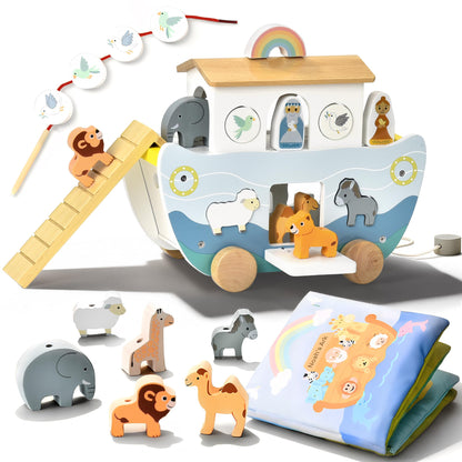 Wooden Noah’s Ark Toy with Cloth Book, Baptism Gifts for Boys and Girls, Christian Shape Sorter Pull Along Playset, Montessori Toys for 1 Year Old, Animal Matching Stacking and Threading Toys