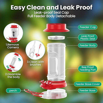 Soliom Hummingbird Feeder with Camera, Smart Feeder Camera with 2K Live View AI Identify, Leak Proof&Ant Moat&Bee Proof, Outdoor Pole/Hook Hanging, Ideal Gift for Family, 16 OZ Red