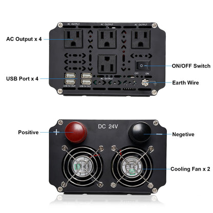 Cantonape 3000W Power Inverter 24V to 110V/120V DC to AC with LCD Display, Remote Controller and 4 x AC Outlets Car Adapter for Car Truck Boat RV Off Grid Solar System