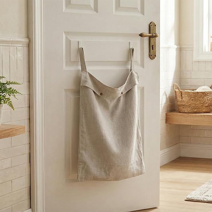 100% Linen Hanging Laundry Hamper Bag 22x36 Inch, Over the Door