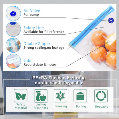MOMODA Sous Vide Cooking Bags - Set of 40 | BPA-Free Reusable Vacuum Seal Bags with Air Valve for Joule and Anova Cookers | Freezer Safe Vacuum Food Storage Bags with Upgraded Hand Pump Included