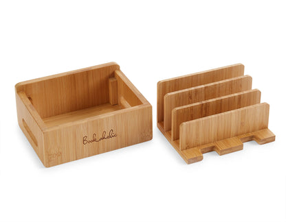 Bamboo Charging Station & Multi-Device Organizer – Large Capacity Desktop Dock for Smartphones, iPhone, iPad, and Tablets