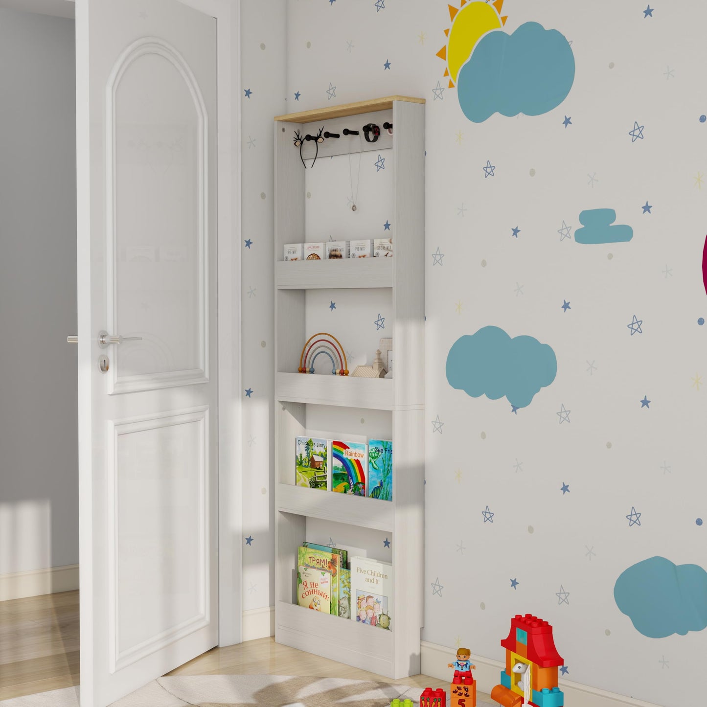Locsear Behind the Door Bookshelf - Ultra Slim Hidden Storage Cabinet for Kids Room | 4-Tier White Wooden Bookcase with Hooks