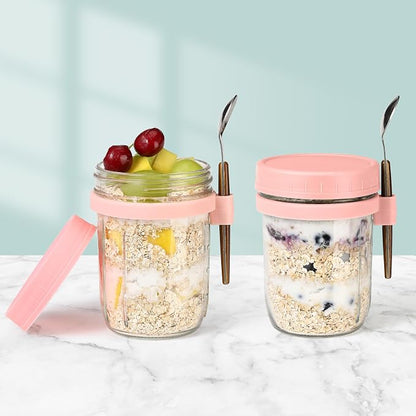 16oz Glass Mason Overnight Oats Jars, Cereal, Yogurt, Salad Lunch,Glass Overnight Oats Containers with Lids and Spoon, Container with Measurement Marks - (Pink-2Pcs)