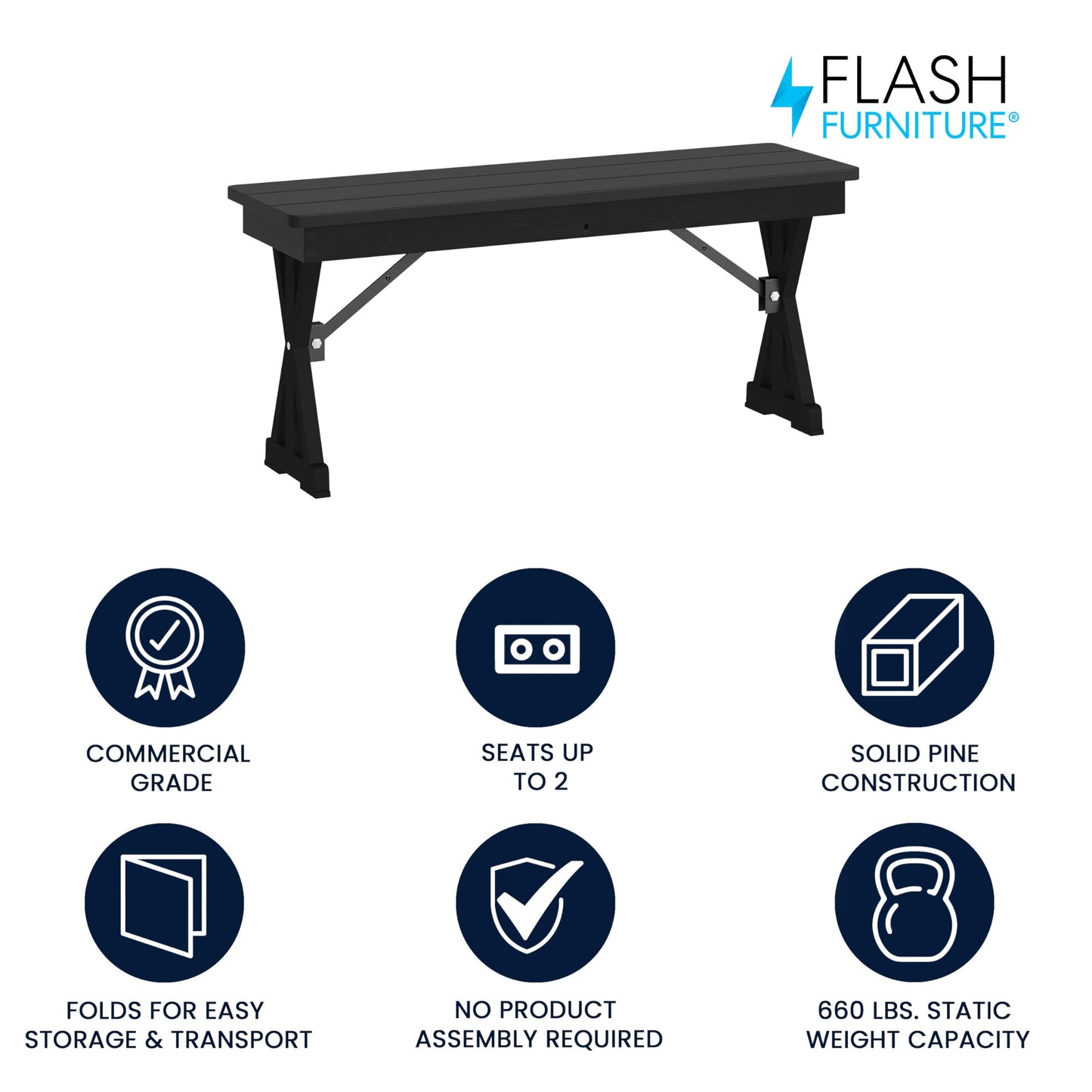 Flash Furniture Hercules Commercial Farmhouse Folding Bench, Antique Solid Pine Entryway Bench, Foldable Locking X-Legs, 40" x 12", Black Wash