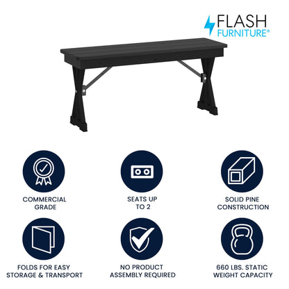 Flash Furniture Hercules Commercial Farmhouse Folding Bench, Antique Solid Pine Entryway Bench, Foldable Locking X-Legs, 40" x 12", Black Wash