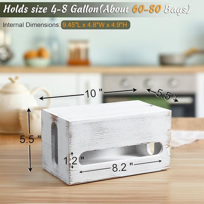DRASTAR Trash Bag Dispenser, Wall Mount Wooden Trash Organizer , Countertop Trash Bag Roll Holder for 4-8 gallon , Retro White Kitchen Laundry Room Organization