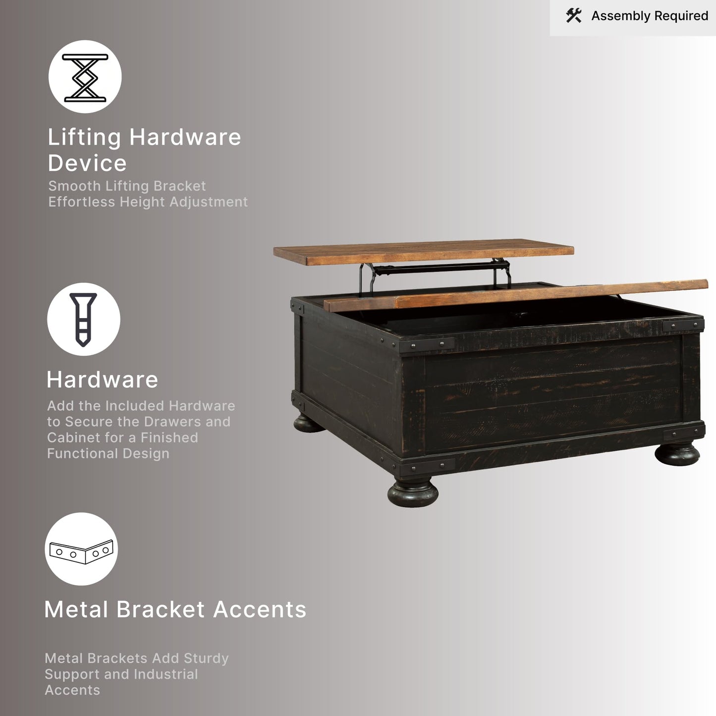 Signature Design by Ashley Valebeck Lift Top Coffee Table, Storage, Split-top Design, Wood, 36" W x 36" D x 18" H, 2-tone Distressed Brown & Black Finish