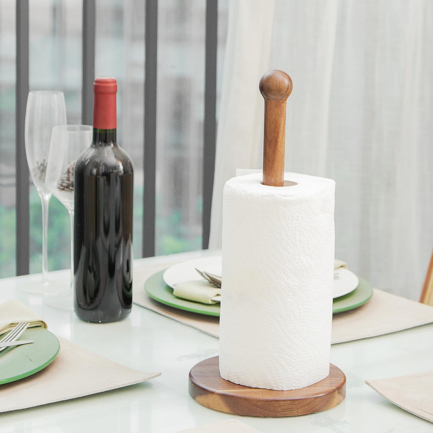 14" Acacia Wooden Paper Towel Holder, Wooden Paper Towel Roll Stand 6.7" Large Heavy Base Organizer Standing, Rustic Farmhouse Paper Towel Holder Stand, Paper Towel Roll Holders Free Standing SGL