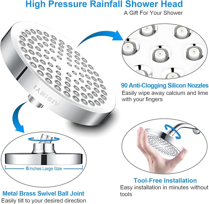 High Pressure Rainfall Shower Head, 6 Inches Showerhead with Perfect Adjustable Replacement, Removable Restrictor, Easy Installation for Your Bathroom Shower Heads (Chrome Plated + Shower Arm)