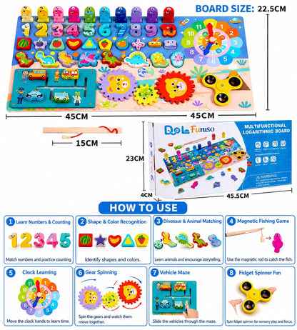 Funiso Montessori Wooden Busy Board Toys for 3+ Boys & Girls, Educational Learning Toy, Number Puzzle Board with Counting, Shapes & Magnetic Fishing Game, Preschool Toy Gift for Toddlers Kids.