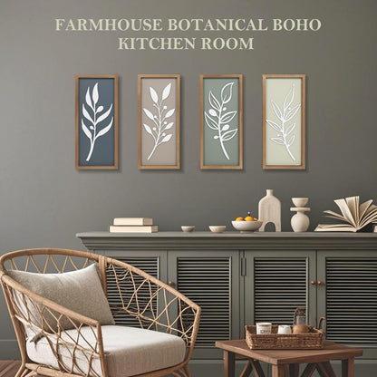3D Tree Leaf Wooden Framed Boho Wall Art (Set of 4) Lightweight, Minimalist Botanical Farmhouse Bathroom Wall Decor For Living Room Bedroom Kitchen Office Hallway Decorations