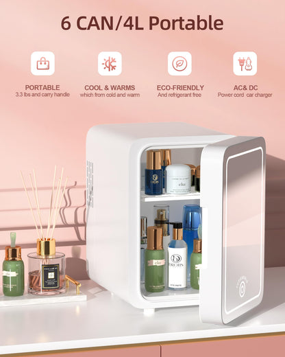 Skincare Fridge With Dimmable LED Light Mirror, 4L Mini Fridge For Desktop, Travel or Cool & Heat, Makeup Fridge for Cosmetics, Skin Care and Food, Green
