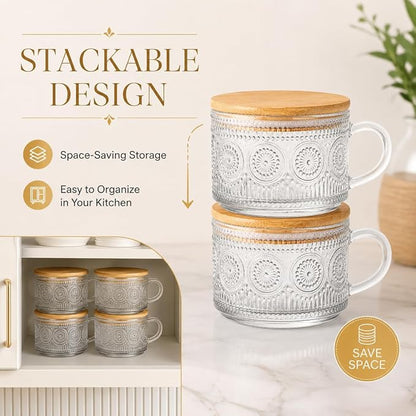Semderm Vintage Glass Coffee Mugs Set of 4, Overnight Oats Containers with Bamboo Lids and Spoons - 14oz Clear Tea Cups for Cappuccino Latte Americano Cereal Yogurt Beverage