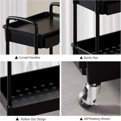 4 Tier Rolling Utility Cart with Drawer, Plastic Storage Organizer Rolling Carts with Wheels Handles Hanging Cups Hooks for Office, Bathroom, Kitchen,Craft Art Room (Black)