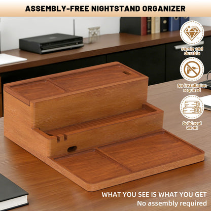 Valet Tray, Nightstand Organizer with Charging Station, Assembly-Free 3 Layer Wood Valet Tray for Men, Phone Docking Station with USB Ports for Watch, Jewelry & Accessories, Nice Gift (Stylish Brown)
