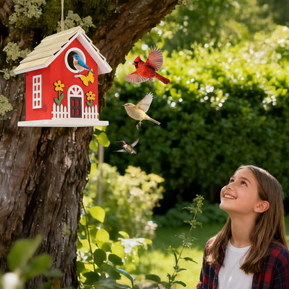 Wooden Bird Houses Bird House for Outside,Red Wood Bird House for Outdoors, Nesting Box with Sturdy Rope, Haing Bird Houses for Garden Blue Bird Hummingbird Wren Cardinal Swallow Sparrow Finch