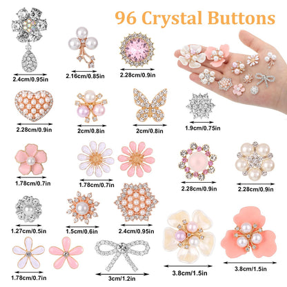 96 Pcs Rhinestone Buttons for Crafts Pink Faux Pearl Embellishments Buttons Butterfly Flower Brooch for Jewelry Making DIY Wedding Bags Supplies