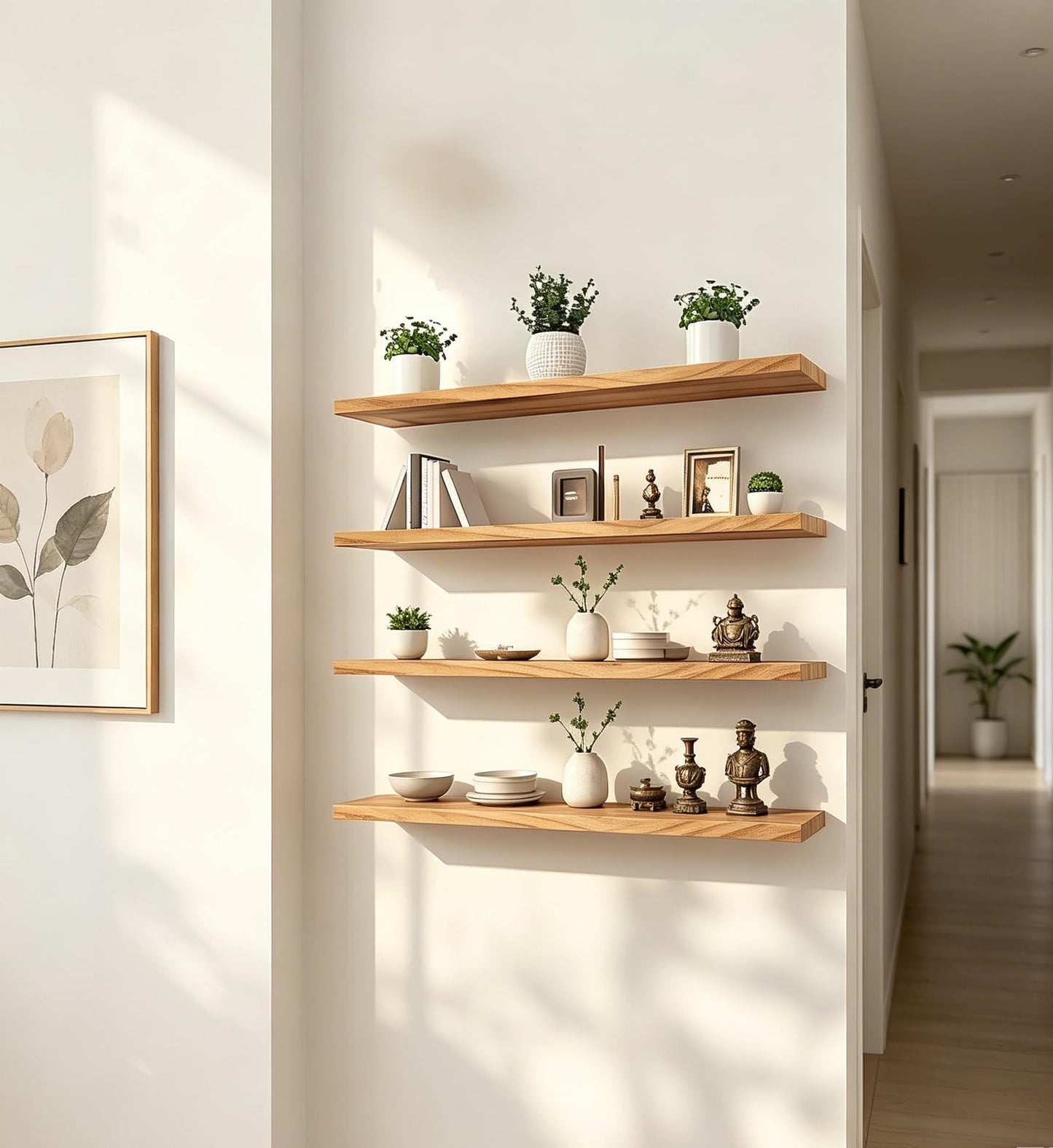 HXSWY 24 Inch Rustic Wood Floating Shelves Farmhouse Wooden Wall Shelves for Bathroom Bedroom Living Room Kitchen Office Set of 4 Light Brown