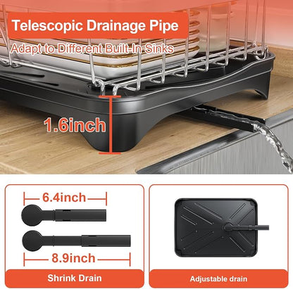 2-Tier Dish Drying Rack for Kitchen Counter, 304 Stainless Steel with Adjustable Drainboard, Removable Utensil Holder & Water Filter Tray, Black