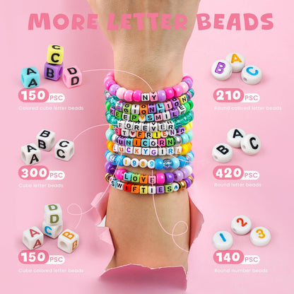 Gionlion 4200Pcs Pony Beads for Bracelet Making Kit, 48 Colors Kandi Beads Bracelet Kit, 2500PCS Rainbow Candy, 1700PCS Friendship Letter Bead with 20 Meter Elastic Strings