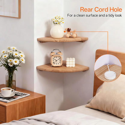 Gieanoo Floating Corner Shelves for Wall Set 2 16inch Solid Oak Rounded Corner Shelves Wall Mounted with Cable Hole Wood Corner Hanging Shelves for Living Room Bedroom Bathroom Kitchen