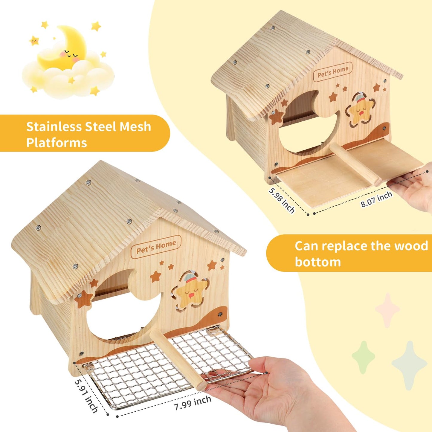 Wooden Bird House with Removable Wood Tray & Stainless Steel Mesh Bottom, DIY Paintable Birdhouse for Lovebirds Budgies Cockatiels Conures, Cozy Bird Nest Indoor Outdoor Use (Wood Tray + Steel Mesh)