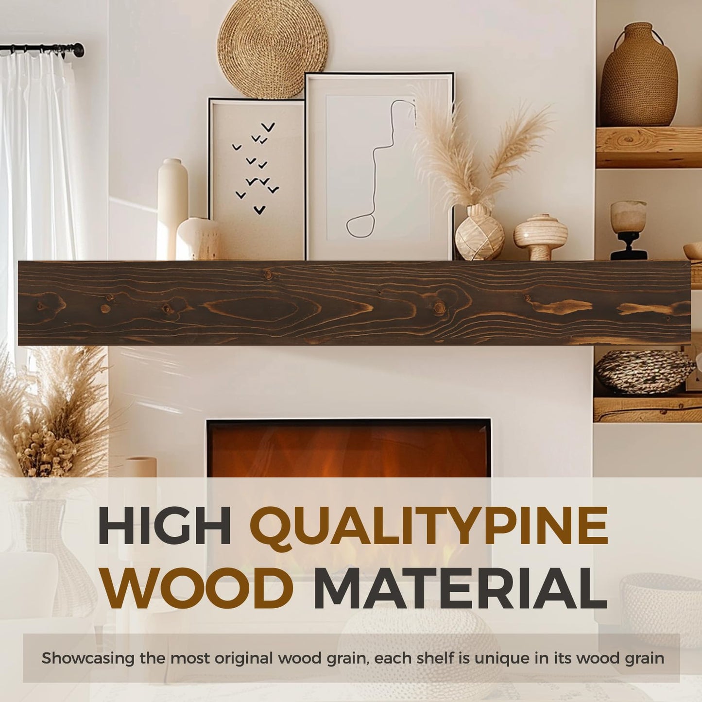 YLYHSST Fireplace Mantel Handmade, 6'' Thick Wall Decor Long Floating Shelf, 72inch Rustic Wood Shelf with Invisible Brackets, Brown