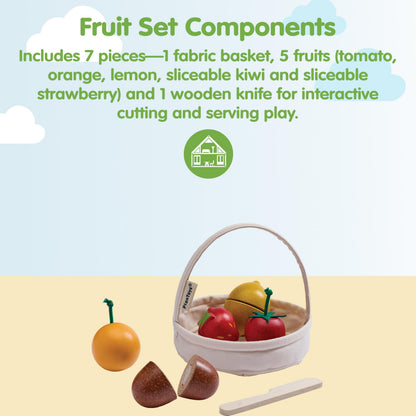 PlanToys® Wooden Berry & Citrus Basket | Montessori Pretend Play Fruit Set for Cutting, Mixing & Serving | Fine Motor Skills, Social Interaction & Eco Friendly Play Food Toy