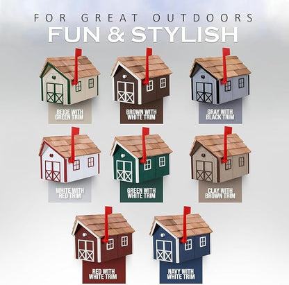 Peaceful Classics Amish Cedar Roof Wooden Mailbox with Window & Door Trim, Handcrafted Mailboxes for Outside, Post Mount Residential Mailboxes - (Dark Gray & White, Wood)