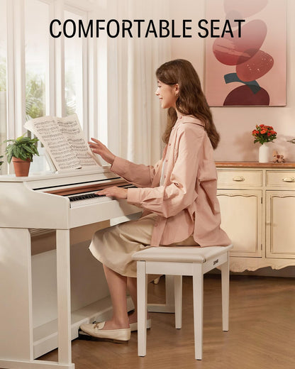 Donner Duet Piano Bench with Storage, Solid Wooden Keyboard Bench Piano Bookcase Stool Chair Seat with High-Density Sponges Padded Cushion, White