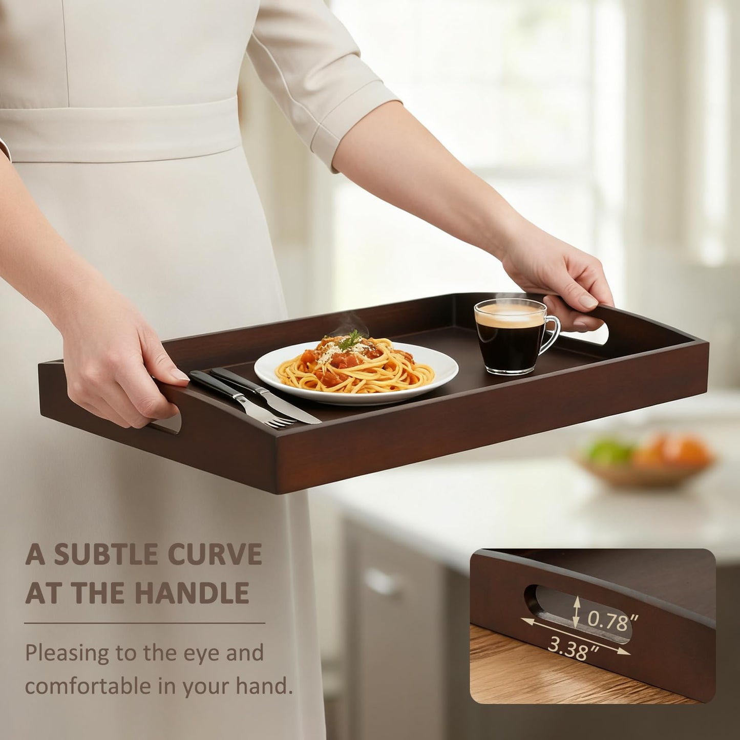 Bamboo Serving Trays with Handles, Set of 2 for Food & Coffee, Dark Brown