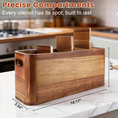 Gallkeat Kitchen Utensil Holder for Counter or Countertop, Large Wooden Utensil Holder with 4 Compartments, Acacia Wood Organizer for Cooking Utensils and Silverware, Ideal Gift for Kitchen Decor