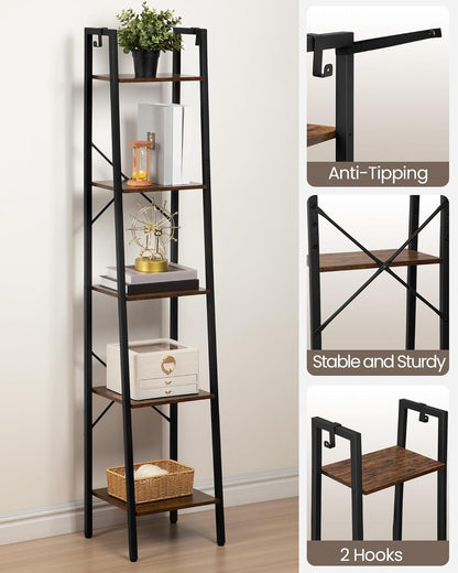 Hzuaneri Ladder Shelf, Bookshelf Bookcase, Freestanding Corner Storage Shelve with 2 Hooks for Home Office, Living Room, Kitchen, Bedroom, Industrial, 11.8" D x 13.4" W x 63" H, Rustic Brown BC03201B
