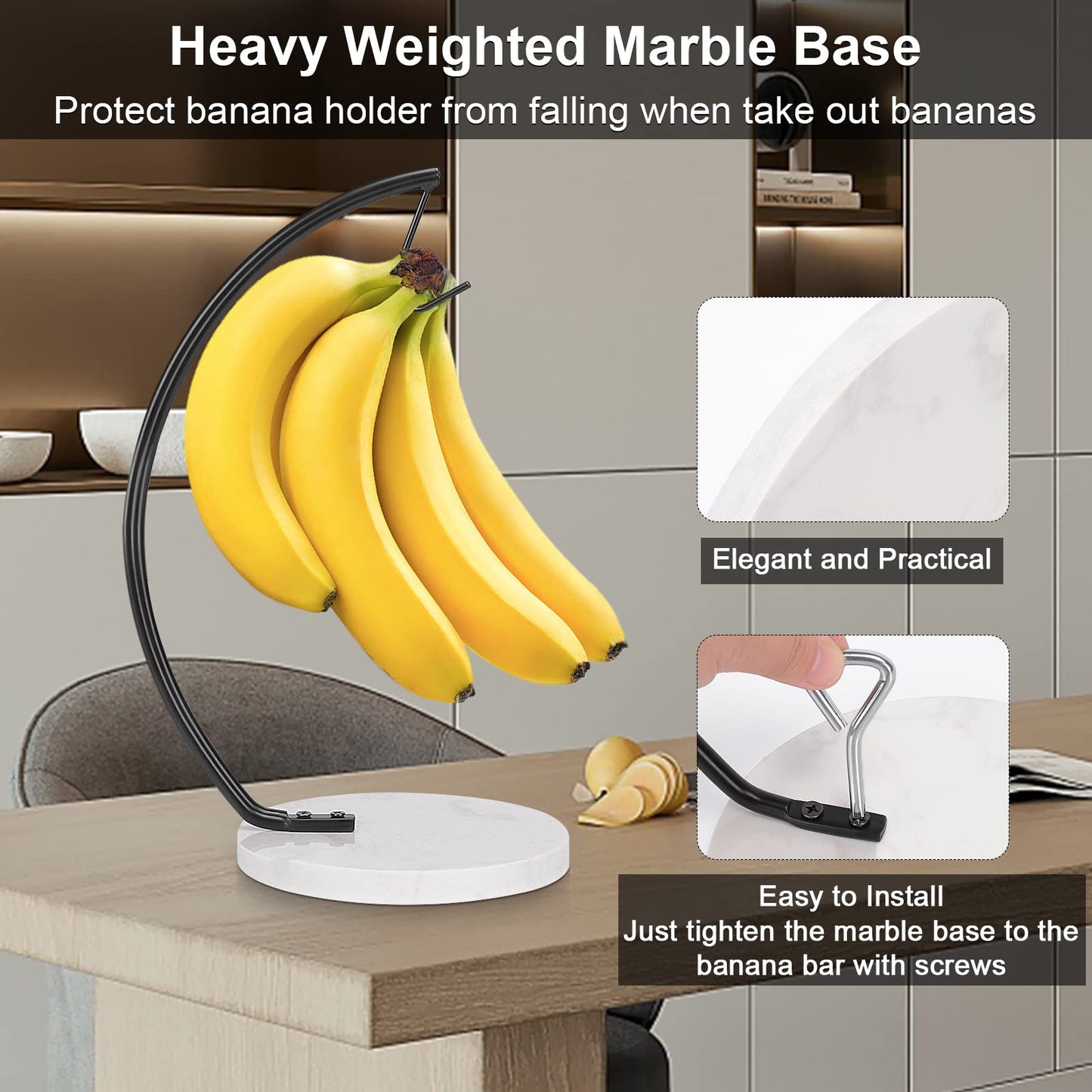 Livabber Flat Wooden Napkin Holder+Marble Banana Holder, Metal Napkin Holder with Weighted Tension Arm and Banana Hanger with Single Hook for Countertop, Kitchen, Dining Room (Black)