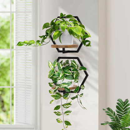 JOPBENG 3 Packs Wall Planters for Indoor Plants, 7.9inch Metal Plant Holder Hanger Wall Decor, Mounted Hanging Window Shelves Outdoor Rack (Black Wooden Base)