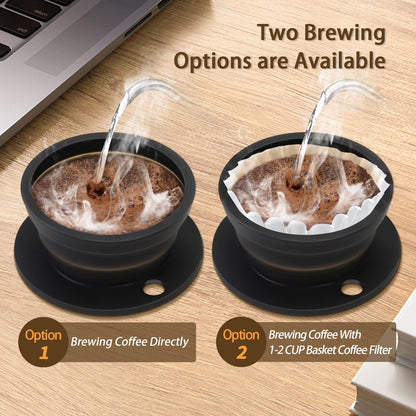2-Packs Travel Collapsible Paperless Pour Over Coffee Dripper Kit with Stainless Steel Filter, Travel Pour Over Coffee Maker Camping, Silicone Coffee Strainer Pour Over Single Cup (Brown+Black)