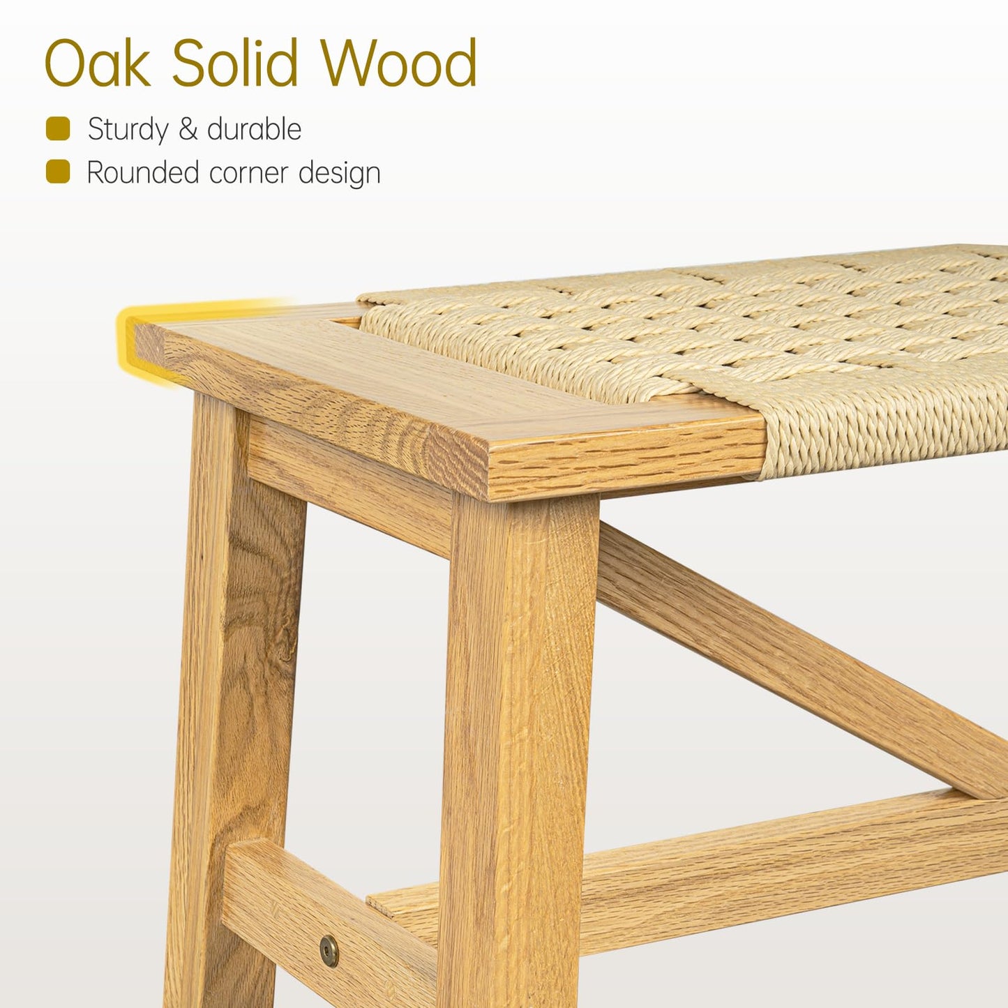 Dechawfon Solid Wood Narrow Bench, 33.46" Woven Bench for Entryway and Hallway, End of Bed Bench with Oak Frame, Boho Accent Bench - 500lbs Capacity (Natural White)