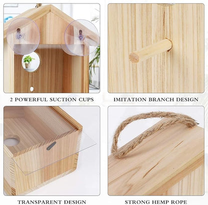 Window Bird House for Outside with Strong Suction Cup, Upgraded See Through Window Birdhouse for Viewing Inside, Wooden Bird Nesting Box for Bluebird Finch Chickadee Outdoors, Best Gift for Kids