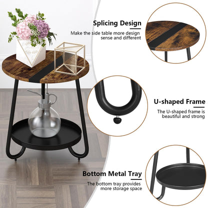 MOFAIN 2 Tier Coffee Table in Living Room, Industrial Style Round Coffee Table with Metal Tray, Wood Small Outdoor Coffee Table for Bedroom Balcony Patio, Rustic Brown
