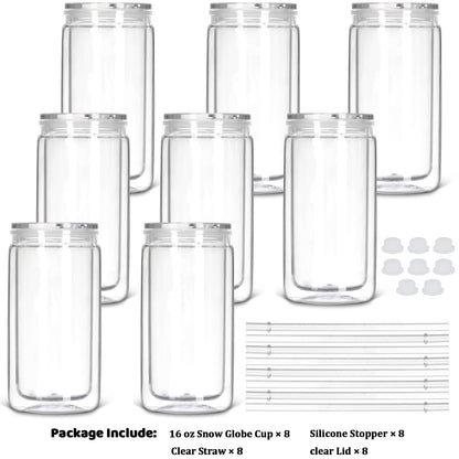 Tswofia 8 Pack Snow Globe Tumbler, 16 Oz Double Wall Plastic Can with Lid and Straw, Mason Jar Mug for Snow Globe Glitter DIY Gift (Clear)