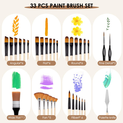33pcs Paint Brush Set,Paint Brushes for Acrylic Painting, Oil, Watercolor,Professional Paintbrushes with Flat, Filbert, Fan, Palette Knife,ect.Art Supplies for Artists and Beginners